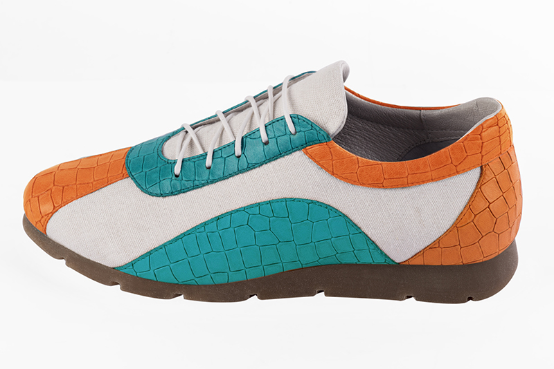 Apricot orange, pure white and turquoise blue women's three-tone elegant sneakers. Round toe. Flat rubber soles. Profile view - Florence KOOIJMAN